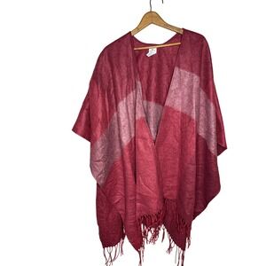WOOLRICH One Size Women Red Striped Fringe Poncho Wrap Cozy Layering Rustic